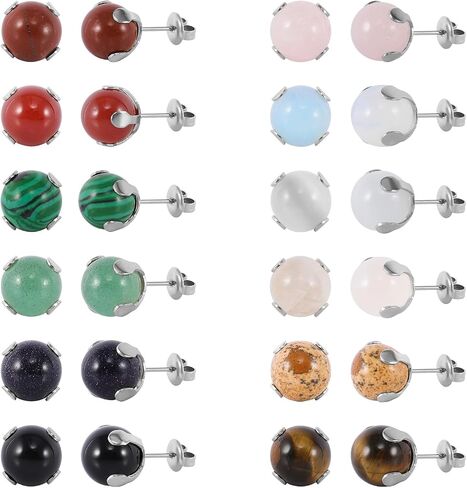 12 Pairs Multi Natural Gemstone Round Bead Ball Stud Earrings Gold Plated Stainless Steel Opal Tiger Eye Rose Quartz Onyx Stone Stud Earrings Set for Women in Saudi Arabia