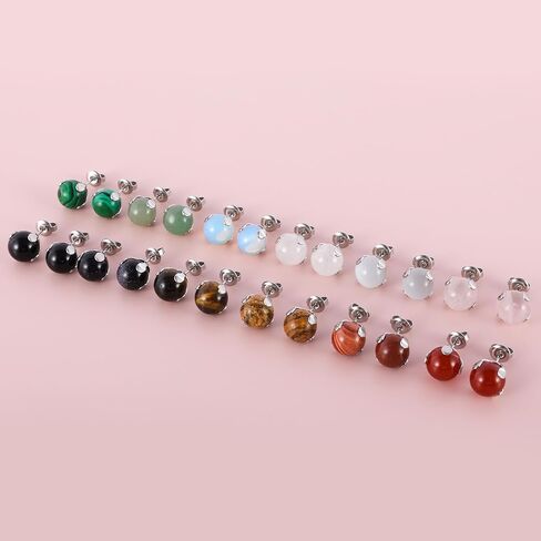 12 Pairs Multi Natural Gemstone Round Bead Ball Stud Earrings Gold Plated Stainless Steel Opal Tiger Eye Rose Quartz Onyx Stone Stud Earrings Set for Women in Saudi Arabia