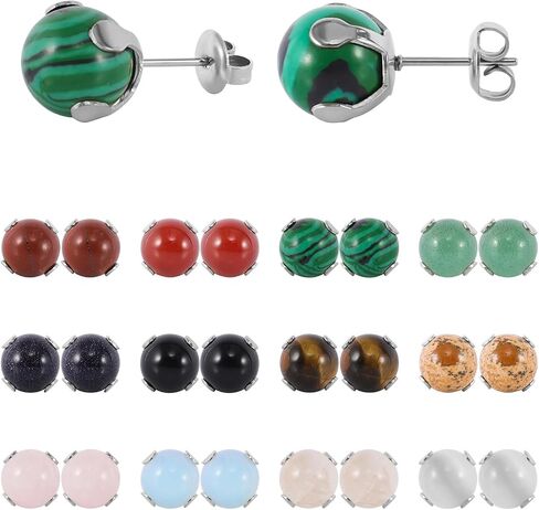 12 Pairs Multi Natural Gemstone Round Bead Ball Stud Earrings Gold Plated Stainless Steel Opal Tiger Eye Rose Quartz Onyx Stone Stud Earrings Set for Women in Saudi Arabia