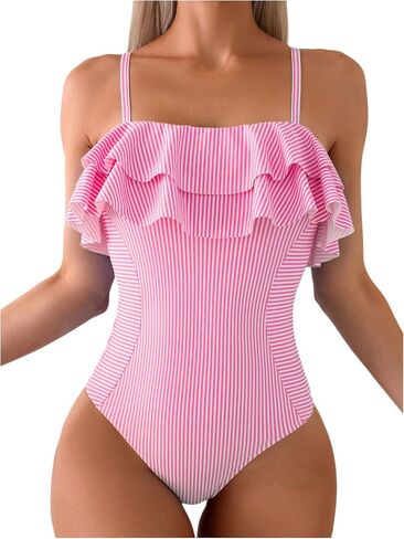 Floerns Women's One Piece Swimsuit Ruffle Trim Striped Print Monokini Swimwear in Saudi Arabia
