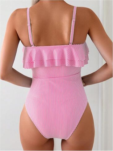 Floerns Women's One Piece Swimsuit Ruffle Trim Striped Print Monokini Swimwear in Saudi Arabia
