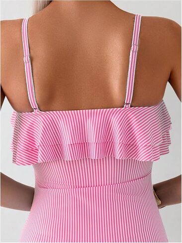 Floerns Women's One Piece Swimsuit Ruffle Trim Striped Print Monokini Swimwear in Saudi Arabia