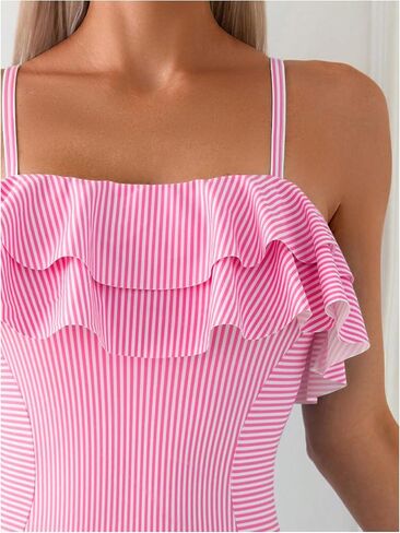 Floerns Women's One Piece Swimsuit Ruffle Trim Striped Print Monokini Swimwear in Saudi Arabia