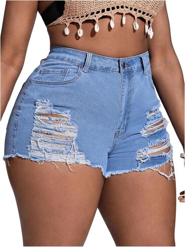 SOLY HUX Women's Plus Size Ripped Denim Shorts Casual Summer High Waisted Skinny Jean Shorts in Saudi Arabia