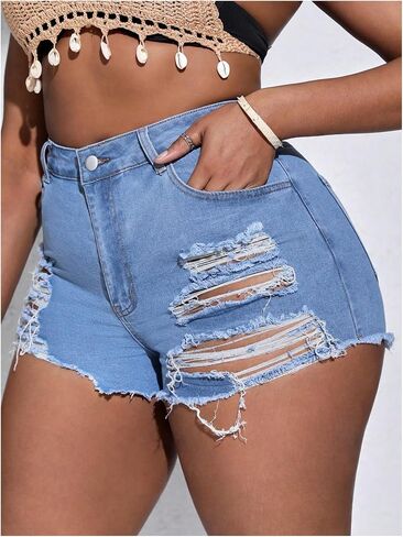SOLY HUX Women's Plus Size Ripped Denim Shorts Casual Summer High Waisted Skinny Jean Shorts in Saudi Arabia
