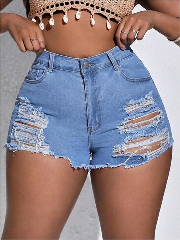 SOLY HUX Women's Plus Size Ripped Denim Shorts Casual Summer High Waisted Skinny Jean Shorts in Saudi Arabia