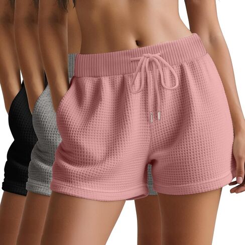 Huukeay 3 Pack Women's Waffle Knit Shorts Drawstring Casual Lounge Pajama Bottoms Comfy Summer Shorts with Pockets in Saudi Arabia