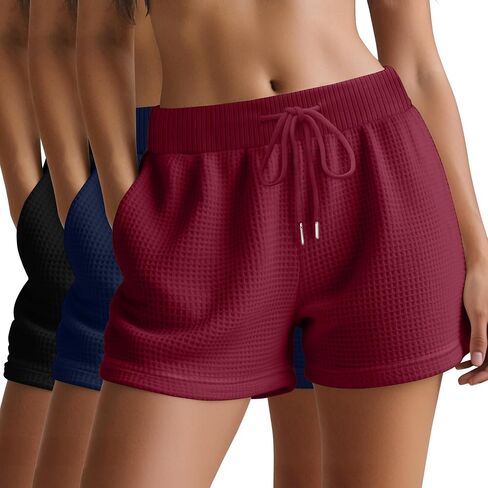 Huukeay 3 Pack Women's Waffle Knit Shorts Drawstring Casual Lounge Pajama Bottoms Comfy Summer Shorts with Pockets in Saudi Arabia