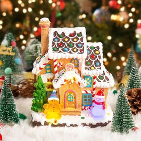 LED Lighted Musical Gingerbread House, 7.3" Christmas Village House Decoration with Light-up Gingerbread Cookie and Snowman, Christmas Collectible Buildings for Holiday Decor for Home and Desktop