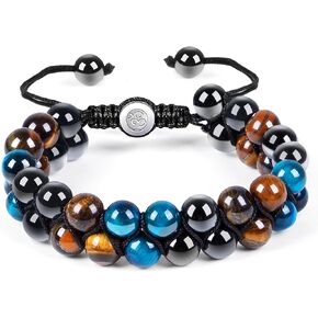Triple Protection Bracelet - 8mm Blue Tiger Eye, Obsidian & Hematite Natural Crystal Gemstone Healing Bracelet Brings Good Luck, Health & Happiness - Ideal Gift