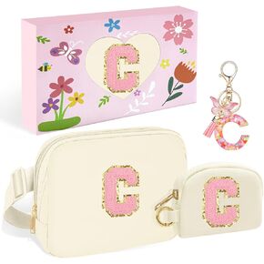 Personalized Fashion Waist Pack Wallet and Keychain, Initial Belt Bag Purse and Pendant, Fanny Cross Body Bag, Birthday Gifts, Fancy Trendy Stuff for Girl Mom Women Daughter Sister Friends(Pink M)