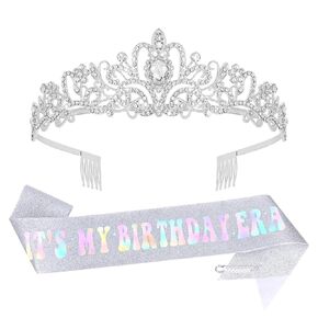 YARIEW It's My Birthday Era Sash and Crown for Women - Silver Birthday Party Accessories