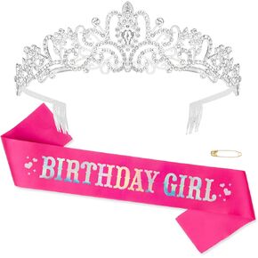 Birthday Crown for Women - Silver Rhinestone & Crystal Tiara with 'BIRTHDAY GIRL' Sash - Women's & Girls' Accessory - Contemporary Style - Reusable Keepsake
