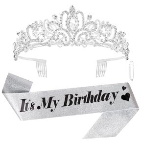 CURASA Silver Birthday Crown and Sash for Women Girls Princess Birthday Tiaras Sashes for Parties and Celebrations