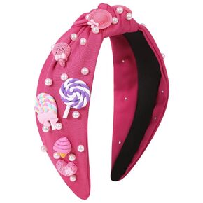 Candy Knotted Headbands for Women Girls Cute Rainbow Lollipop Ice Cream Charm Headband Beaded Wide Top Knot Birthday Girl Hairband Funny Back to School Hair Accessories