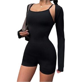 SweatyRocks Women's 2 Piece Outfits Skinny Cami Rompers with Long Sleeve Crop Shrug