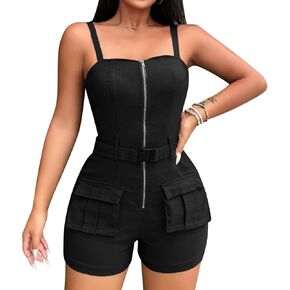 Rompers for Women One Piece Spaghetti Strap Zipper Up Jumpsuit Rompers with Pockets