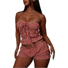 SHENHE Women's 2 Piece Outfits Y2k Gingham Ruffle Crop Tube Top and Low Rise Shorts Set