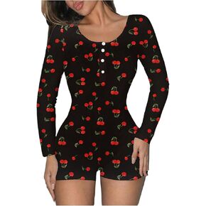 Wdirara Women's Cute Strawberry Graphic Romper Pajama v Neck Long Sleeve Button Front Front Onesie Bodycon Overal Sleepwear