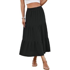 Women's 2025 Summer Boho Tiered Maxi Skirt Flowy A-Line Elastic Waist with Pockets Trendy Beach Long Skirts