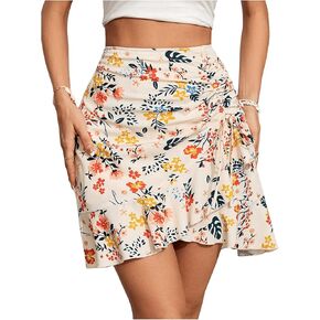 Wdirara Women's Boho Floral Mini Varts Ruched Ruched Huffle Hend Carment High Weist Skirt Short