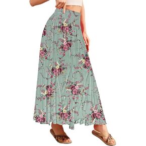 CYiNu Womens Long Maxi Skirt Chiffon Elastic High Waist Tiered Pleated Floral Printed A-Line Boho Long Skirts for Women