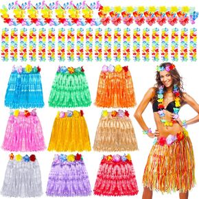 Civaner 50 Pcs Hawaiian Luau Hula Skirt with Flower Costume Set 10 Hawaiian Grass Skirt 10 Flower Leis 10 Luau Necklace 20 Tropical Bracelet for Women Beach Party