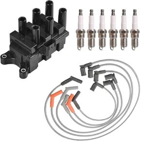 ENA Set of 1 Ignition Coil with 6 Spark Plugs and Wire Set Compatible with Ford 2004 2005 2006 2007 2008 Ranger 2002-2007 B3000 3.0L V6 Replacement for FD498 C1312 3354 SP413