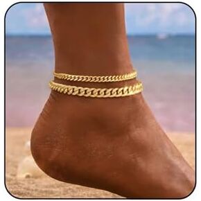 Gold Ankle Bracelets for Women 14K Gold Plated Anklets Stackable Thick Cuban Link Anklets Adjustable Waterproof Ankle Bracelet Layering Boho Foot Jewelry Hip Hop Beach Jewelry Gift