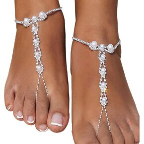 1Pair Summer Beach Rhinestone Pearl Barefoot Sandals Foot Chain with Toe Ring Crystal Anklets Bracelet Wedding Bridal Rhinestone Pearl Foot Chain Jewelry for Women(Silver)