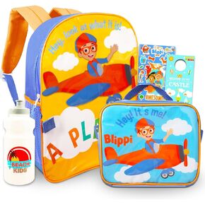 Blippi Backpack and Lunch Set - Bundle of 5 Pc Blippi School Supplies: 16" Backpack, Lunch Box, Stickers, and More