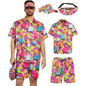 kasahara 80s 90s Outfit for Men Retro Hawaiian Shirts and Short Set Mens 80s Clothes 90s Costume Tracksuit with Visor