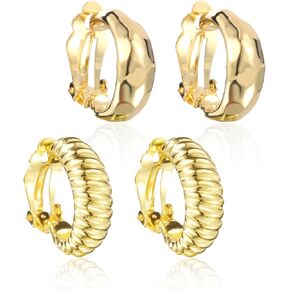 2 Pairs 14K Gold Clip On Earrings Set for Women Comfortable Hoops Chunky Studs Ear Clips Tear Drop and Croissant Retro Design for Party Dinne Press On Earringspackage