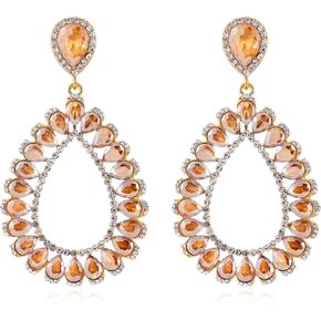 Statement Clip on Earrings Rhinestone Crystal Big Teardrop Clip on Earrings for Women Hypoallergenic Gold Clip Drop Dangle Earrings for Wedding Bride Formal Party Mother's Day Gift
