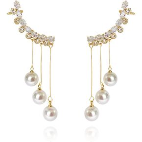 Crystal Long Tassel Rhinestone Sparkling Pearl Ear Clip Cuff Earrings for Women Jewelry