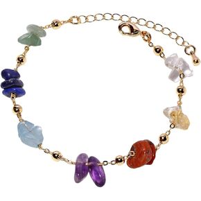 7 Chakra Reiki Gemstones Plated 14k Gold Chain Bracelets for Women Meditation Colorful Crystal Chips Beaded Bracelets (6″-8″)