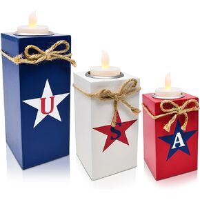 3 Patriotic Wooden Table Decorations 4th of July Wood Candle Holder Tabletop Centerpieces with Operated Tea Lights for Memorial Independence Day Tiered Tray Decor