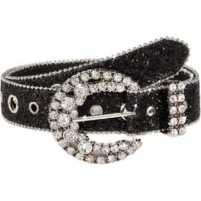 Cowgirl Cowboy Rhinestone-Studded-Buckle Western Belt for Women PU-Leather Floral-Embossed Vintage-Carved Belt 30-38"