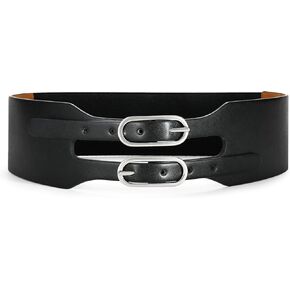 Women's Wide Leather Belt with Double Buckle, Black Leather Belt Silver Metal Buckle for Dress