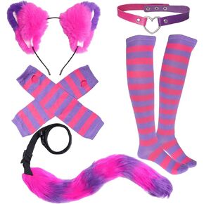 Pink and Purple Striped Cat Costume Including Cat Ear Headband Furry Tail Heart Collar Striped Gloves and Socks for Women Halloween Cosplay Accessories