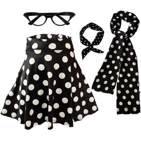 4Pack 1950s Women Costumes Halloween 50s Outfit Accessories for Women Girls with Skirt Glasses Headband Scarf