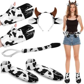 مجموعة الأزياء الحيوانية Toulite Halloween تشمل الحوافر الأمامية الملحقات التيل التيل المملوك للمرأة Man Cosplay Dress Up Party (6 قطع ، أزياء البقرة)