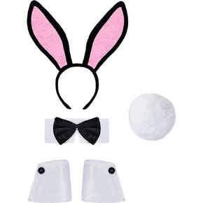 Zando Women's Bunny Costume Set - Cute Bunny Ear Headband, Collar, Bow Tie, Cuffs & Tail for Halloween & Easter Parties