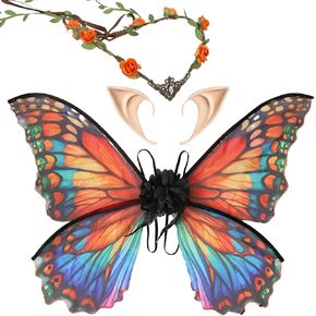 Fairy Wings Costume Set - Elf Ears with Flower Crown Butterfly Wings Fairy Costume for Adults Women