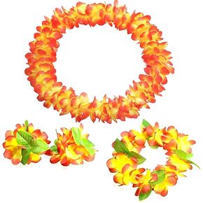 1 Set Hawaiian Leis,Tropical Flower Lei Necklace Bracelets Headband Set Tropical Lei Bulk Beach Hawaii Luau Party Favors Decor Summer Pool Birthday Party Supplies (Pink set)