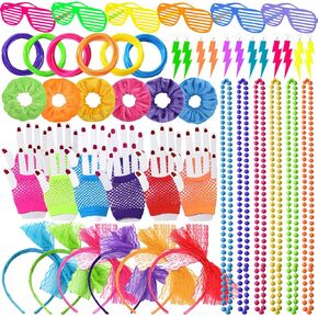 YAROMO 80s Costume Accessories Set 108 Pieces Lace Headband Earring Necklace Fishnet Gloves Neon Bracelet for Halloween Women Neon Outfit Party