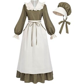 Nuoqi Prairie Dress Women Adult Colonial Costume Long Victorian Pioneer Dress with Bonnet
