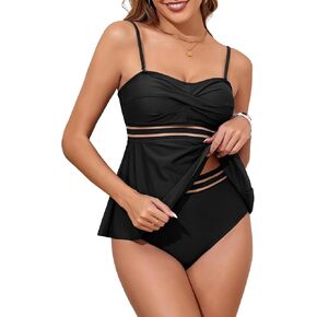ZAFUL Women's Front Twisted Crisscross Mesh Tankini Bathing Suits with Skirt Tummy Control High Waisted Swimsuits