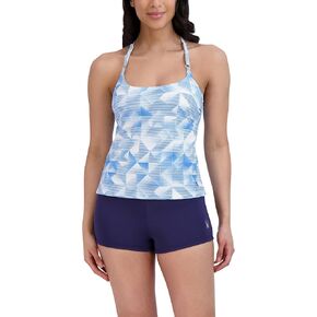Spyder Women's Standard Spaghetti Tankini Tummy Control Quick Dry Removable Cup Adjustable Strap Boy Short Bottom Swimsuit Set, Fast Track Blue/Solid Navy