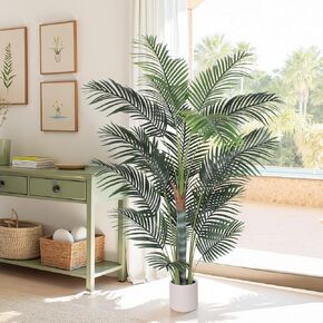 Artificial Palm Tree 6ft, Fake Tropical Palm Tree with White Planter, Faux Areca Palm Tree with Lifelike Leaves & Texture Trunk for Home Office Indoor Outdoor Decor.